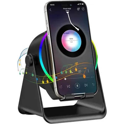 Immagine prodotto di Altoparlante Bluetooth RGB mini 5-in-1, supporto magnetico per telefono da auto, caricabatterie wireless a induzione, rotazione a 360°, per iPhone e Samsung, colore nero