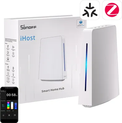 A Sonoff iHost Smart Home Hub and its packaging are displayed against a white background.