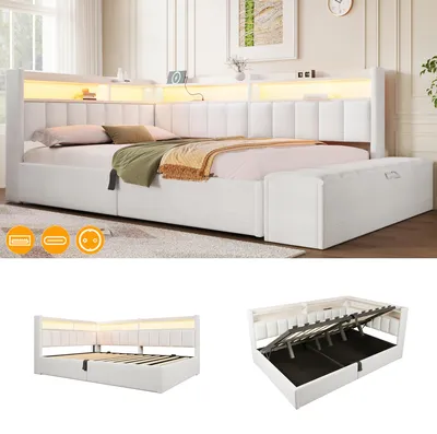 Immagine prodotto di Letto imbottito multifunzionale Merax, 140x200 cm, con divanetto integrato, spazio contenitore idraulico, illuminazione LED, porte USB-A e USB-C, testiera regolabile, colore crema