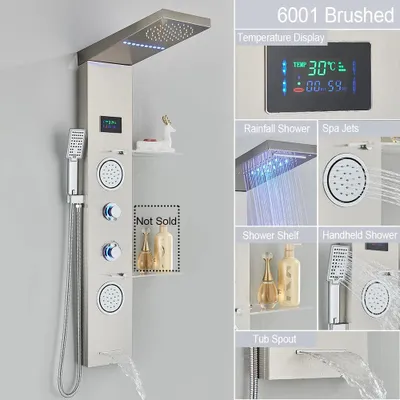 Productafbeelding van Douchepaneel - Brushed Nickel LED Douchepaneel – Waterval Regendouche met LCD Display & Massage Jets - Zilver