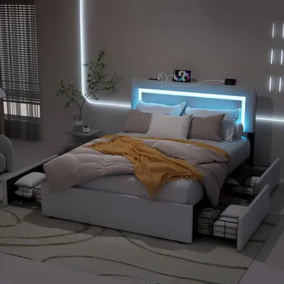 Image de Lit double tapissé de 140x200 cm avec éclairage LED et quatre rangements