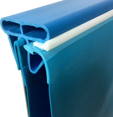 A close-up view of a blue pool handrail system, showing its interlocking components and a white sealing strip.