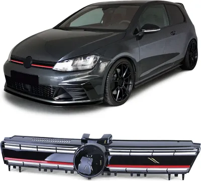 Produktbild von Kühlergrill Sportgrill Grill in Schwarz Glanz mit roter Leiste für VW Golf 7 ab