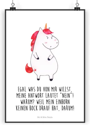 Produktbild von Mr. & Mrs. Panda Bild Einhorn Wut DIN A4 - Weiß - Geschenk, Unicorn, Wandbild, Kunstdruck, poster, Spaß, Einhörner, wanddeko, Arbeit, drucke