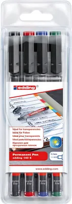 Produktbild von Edding 140 S, Schwarz, Blau, Grün, Rot, Feine Spitze, Fein, 0,3 mm, Tinte auf Alkoholbasis, Folie, Glas, Kunststoff