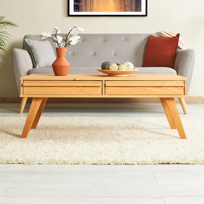 Produktbild von Couchtisch JONA mit 2 Schubladen im Skandi Look, moderner Beistelltisch mit Holzfüßen, eleganter Sofatisch aus massiver Kiefer in braun