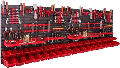 Image de Système de rangement étagère murale avec 46 bacs empilables et supports à outils - Système d'étagères extensible