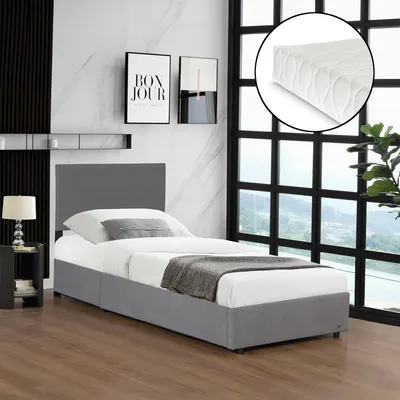 Produktbild von Polsterbett 'Juva' Einzelbett mit Matratze Bettkasten und aufklappbarem Lattenrost 90 x 200 cm Cord Grau