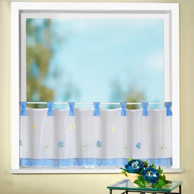Produktbild von heimtexland ® Scheibengardine Bestickt Blumen Vichy Karo Gardine Landhaus Fenster Deko Typ78 Blau