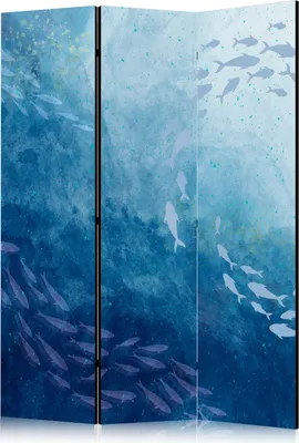 Produktbild von 3-teiliger Einseitiger Vlies Paravent - Schools of Fish - Luminous Clusters of Fish in Blue Hues Amidst the Sea Depths 135x172 cm Tiere g-C-10140-z-a