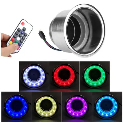 Imagen del producto de Soporte para bebidas, iluminación LED RGB, control remoto para bebidas, acero inoxidable, para embarcaciones, barcos, automóviles, camiones, vehículos recreativos