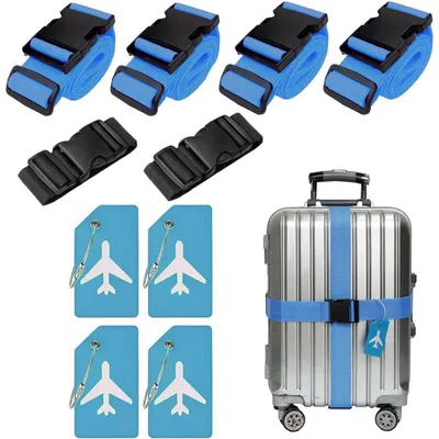 Produktbild von Koffergurt & Kofferanhänger Set, 4x Kofferband, 4x Gepäckanhänger, 2x Gepäckverbindungsgurt, Einstellbar, Hellblau