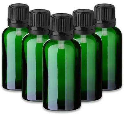 Produktbild von 5x Grüne Glasflasche 30 ml mit schwarzem Tropfer – leere Tropfflasche