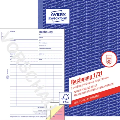 Produktbild von Avery Zweckform 1731, Rechnung, A5, selbstdurchschreibend, 3x40 Blatt