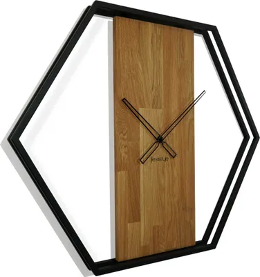 Produktbild von Wanduhr groß XXL Hexagon Holz Eiche LOFT schwarz Industrial modern 80cm Durchmesser ohne Ticken