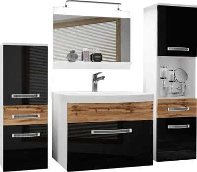 Produktbild von BELINI Badmöbel Vollausstattung Set Waschbeckenschrank, 1x kleiner Schrank, 1xHochschrank, Waschbecken, Spiegel, Lampe (Schwarz / Wotan Eiche Wotan, Glänzend und Matt)
