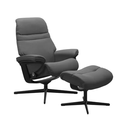 Produktbild von Stressless® Relaxsessel Sunrise M Cross, mit Hocker, Leder Batick grey, Holz schwarz gebeizt, Qualitätsmöbel aus Norwegen