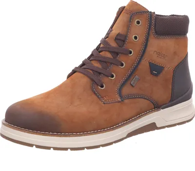 A single brown leather boot is shown against a white background.