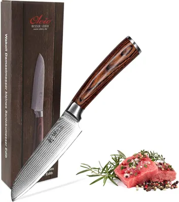 Image de Couteau Santoku de 12,5 cm, en acier damasquiné, avec 67 couches, noyau en acier VG10, manche en bois de pakka, idéal pour la cuisine