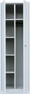 An empty, open metal locker with multiple shelves and a hanging rod.