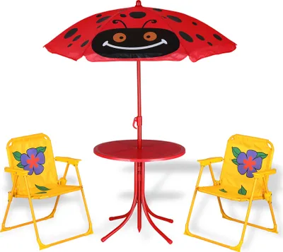 Produktbild von SPIELWERK® Kindersitzgruppe Garten mit Sonnenschirm höhenverstellbar 2x Klappstuhl UV Schutz abgerundete Ecken Tisch Stühle Outdoor Sitzgruppe Kinder