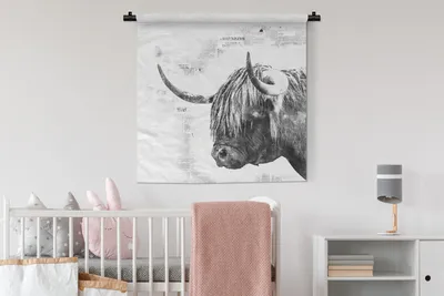 Produktbild von MuchoWow® Wandteppich Wandbehang Schottisches Hochlandrind - Abstrakt - Schwarz - Weiß 90x90 cm Tapisserie Dekoration Wandtuch - Wandaufhänger