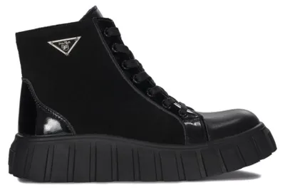 Produktbild von Damen Stiefeletten Schwarz aus Naturvelours, Vollnarbenleder mit Schnürung, Reißverschluss, 4 cm Plateau und 3,5 cm Absatz