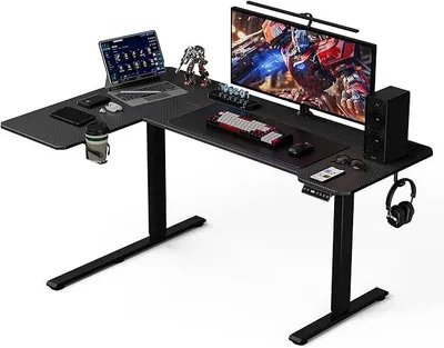 Obrázek produktu pro Psací stůl do rohu, výškově nastavitelný, tvar L, 150 x 100 cm, elektricky výškově nastavitelný, ergonomický psací stůl tvaru L s držáky na nápoje a háčky, robustní kancelářský stůl, černá barva, karbonový design