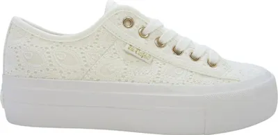 A white lace sneaker with a platform sole.