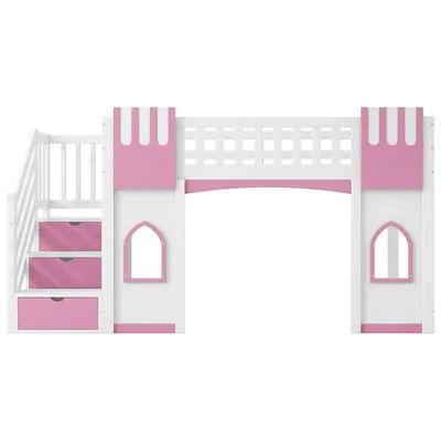 Produktbild von Merax Etagenbett Hochbett 90x200 cm, mit Stauraumtreppe und Fenster, Kinderbett, Stockbett, Jugendbett, Kiefer, Massivholzbett, Weiß+Rosa