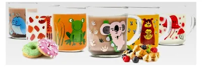 Produktbild von 6er Set bunte Kinderbecher aus Pressglas 230ml mit Henkel, Tiermotiv, spülmaschinengeeignet