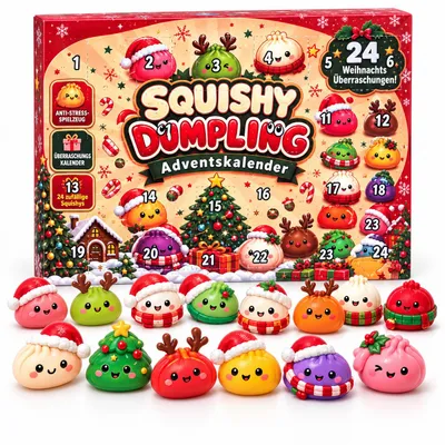 Produktbild von Weihnachts Squishy Adventskalender 2026 – 24 Tage Dumpling Überraschungsbox mit Squishy-Fidget-Spielzeugen + Heartforcards Versandschutz