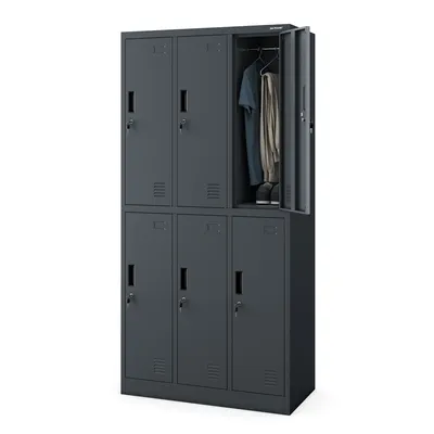 A gray metal locker unit with six compartments, one of which is open showing clothes and shoes inside.