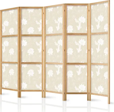 Produktbild von 5-teiliger Einseitiger Vlies Japanischer Paravent - Fish and Water Lilies - Light Oriental Fish Swimming Among Water Flowers on a Delicate Sand-Beige Background 225x172 cm Tiere g-B-10065-bh-b