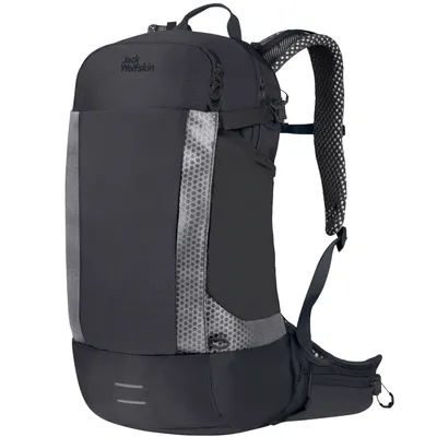 A black Jack Wolfskin rucksack is shown against a white background.