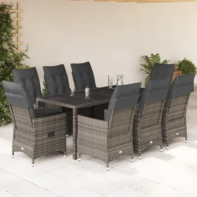 Produktbild von Design 9-tlg. Garten-Essgruppe mit Kissen Grau Poly Rattan, Gartenmöbel-Sets 2024 Neu