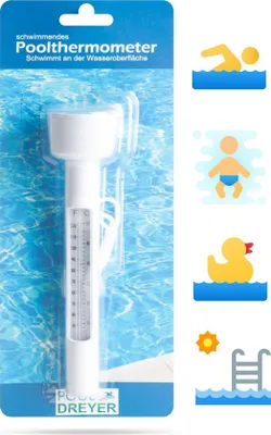 A product package for a swimming pool thermometer, showing the thermometer inside.