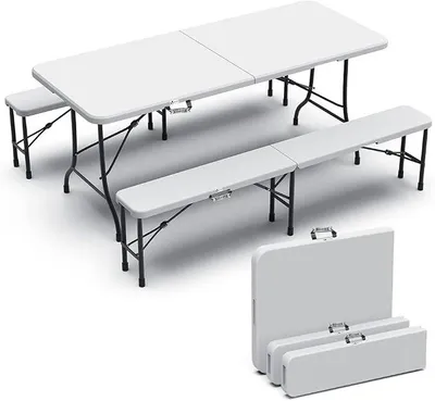 Produktbild von Bierzeltgarnitur Klappbar 3-teilig Set, 1 Biertisch & 2 Bierbänke, Festzeltgarnitur 180 * 75 * 75cm Gartengarnitur Campingset Klapptisch, Weiß