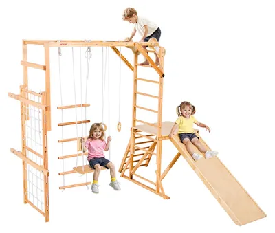 Produktbild von VEVOR Indoor-Spielplatz Dschungelspielplatz, 8-in-1 Holz-Innen-Spielplatz-Spielset, 100KG Tragfähigkeit Montessori Kletterspielzeug mit Schaukel, Rutsche, Klimmzugstange, Gymnastikringen, Holz-/Seilleiter, Kletternetz & Stange