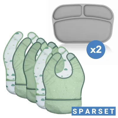 Image de Set de repas MiaMia 7 pièces - 5 bavoirs à velcro