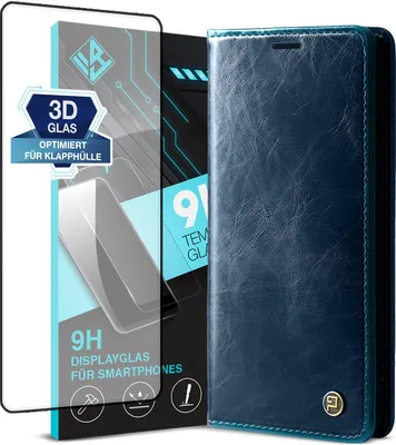 Produktbild von Handyhülle für Xiaomi Redmi Note 13 Pro+ 5G mit 9H Displayglas Kunstleder Flip Cover Hülle RFID Schutz Case Kartenfach Farbe: Blau