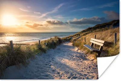 Produktbild von MuchoWow® Poster Sonnenuntergang - Strand - Düne - Gras - Bank 120x80 cm - Bilder