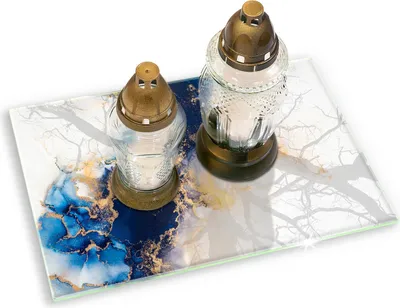 Produktbild von Glasplatte für Grabkerzen Gummifüße Glas Motiv - 60x52 cm - Abstraktion mit Blau