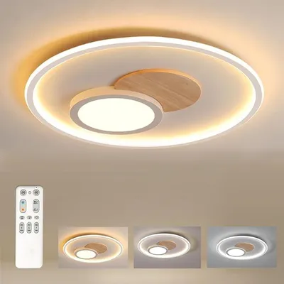 Productafbeelding van LED-plafondlamp, plafondlamp met hout, dimbare plafondlampen met afstandsbediening, moderne ronde houten plafondlamp voor slaapkamer, kinderkamer, woonkamer, keuken (diameter 31,5 cm, 24W)