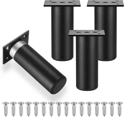 Image de Lot de 4 pieds de meuble de 15 cm pour chaises, tables, armoires et autres - Pieds en alliage d'aluminium avec vis - Noir