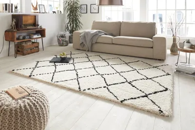 Produktbild von Design Velours Hochflor Teppich 160 x 230 cm Hash Creme Schwarz HF-11