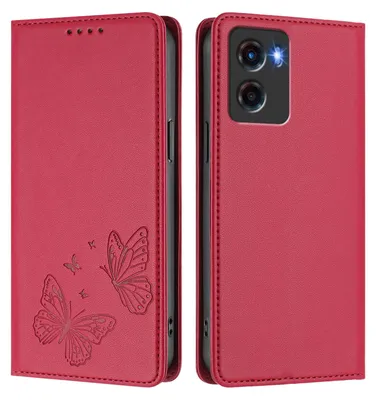 Produktbild von Lederhülle für Motorola Moto G05, Schmetterling Prägung Leder Brieftasche Schutzhülle mit Ständer Rot