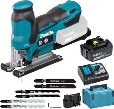 A Makita cordless jigsaw kit with accessories, including batteries, charger, and saw blades, displayed on a white background.