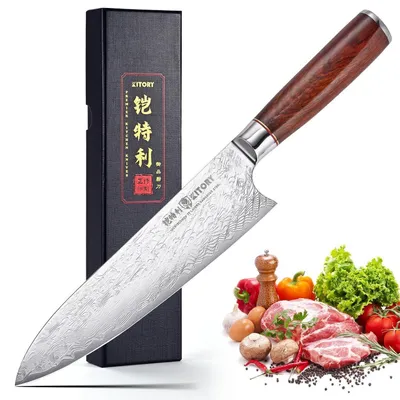 Immagine prodotto di Coltello da chef da 20 cm, lama in acciaio damasco con 73 strati, acciaio 10Cr15CoMoV, manico in legno di rosa birmano