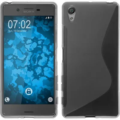 A split image showing the front and back of a Sony Xperia X phone in a transparent gray case.